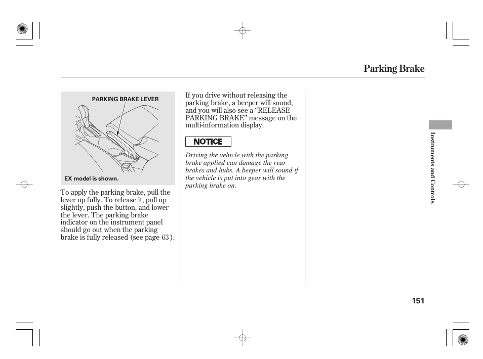 Parking brake | HONDA 2012 Insight - Owner's Manual User Manual | Page 157 / 418