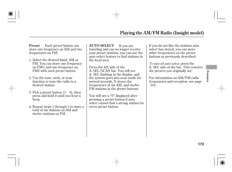 Playing the am/fm radio (insight model) | HONDA 2012 Insight - Owner's Manual User Manual | Page 179 / 418