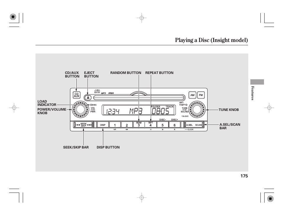Playing a disc (insight model) | HONDA 2012 Insight - Owner's Manual User Manual | Page 181 / 418