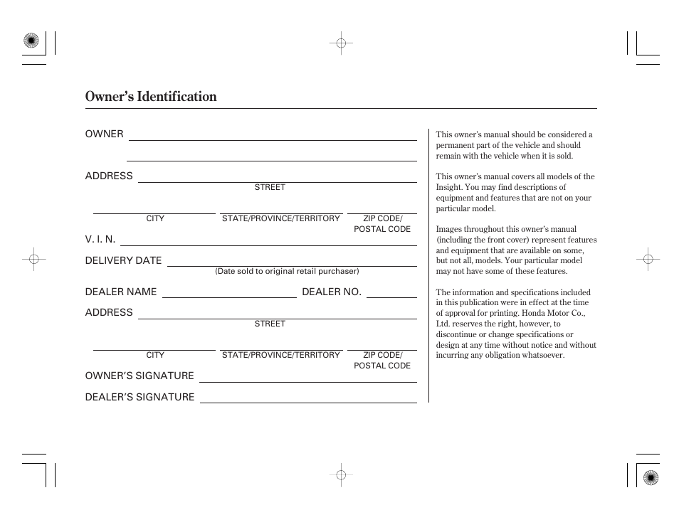 Owner’s identification | HONDA 2012 Insight - Owner's Manual User Manual | Page 2 / 418