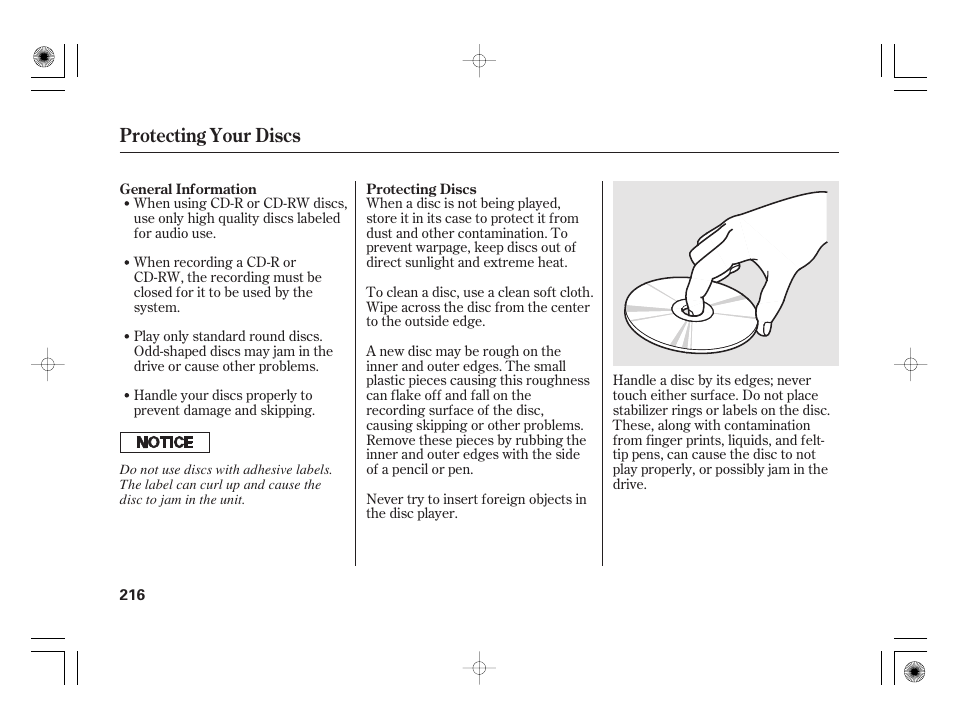 Protecting your discs | HONDA 2012 Insight - Owner's Manual User Manual | Page 222 / 418
