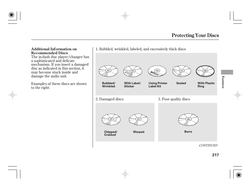 Protecting your discs | HONDA 2012 Insight - Owner's Manual User Manual | Page 223 / 418