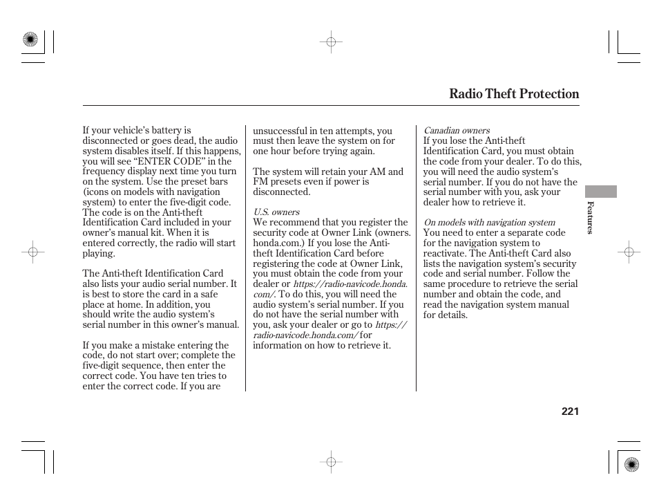 Radio theft protection | HONDA 2012 Insight - Owner's Manual User Manual | Page 227 / 418