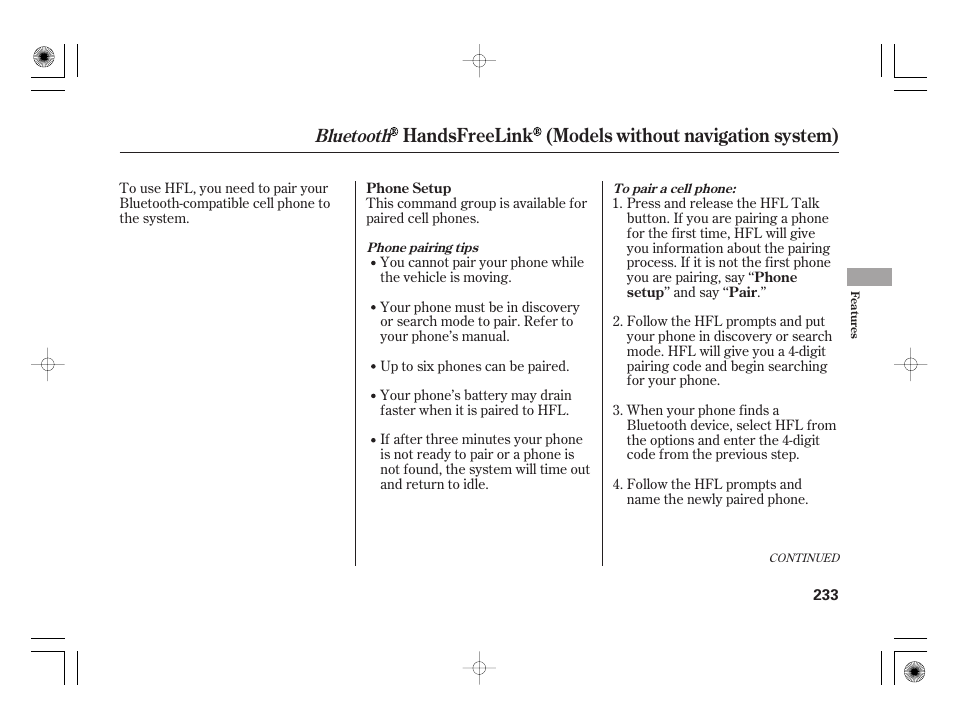 Handsfreelink (models without navigation system), Bluetooth | HONDA 2012 Insight - Owner's Manual User Manual | Page 239 / 418