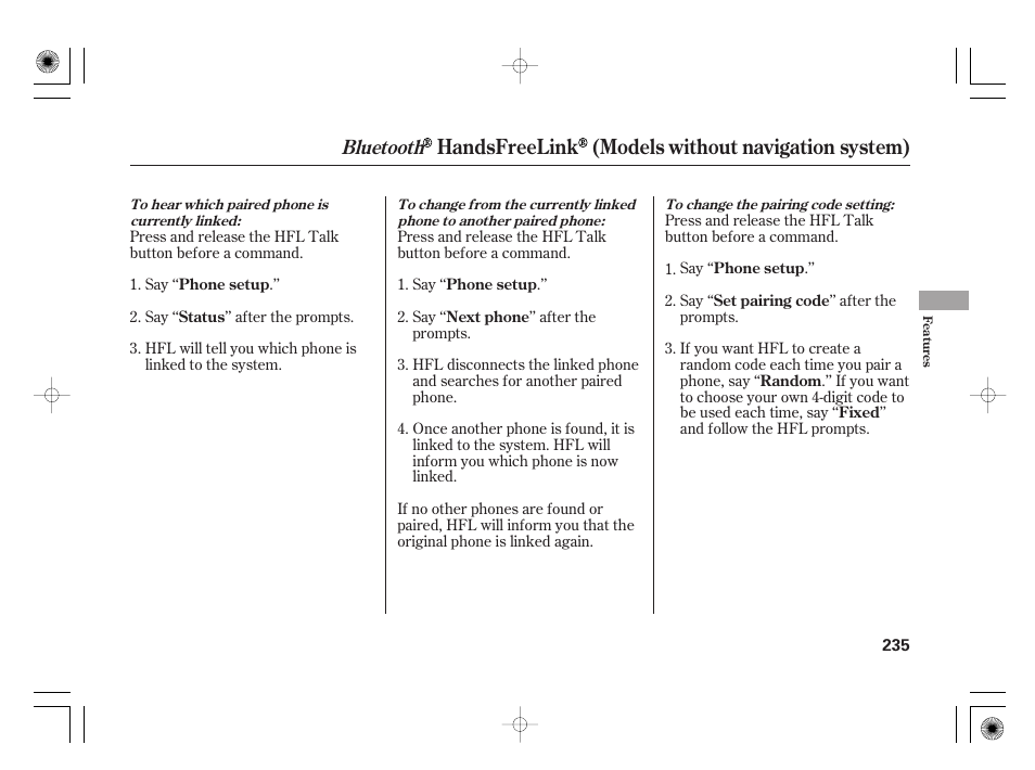 Handsfreelink (models without navigation system), Bluetooth | HONDA 2012 Insight - Owner's Manual User Manual | Page 241 / 418