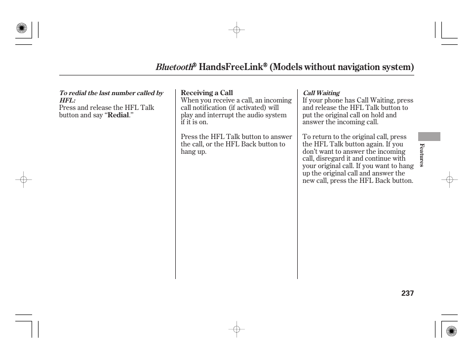 Handsfreelink (models without navigation system), Bluetooth | HONDA 2012 Insight - Owner's Manual User Manual | Page 243 / 418