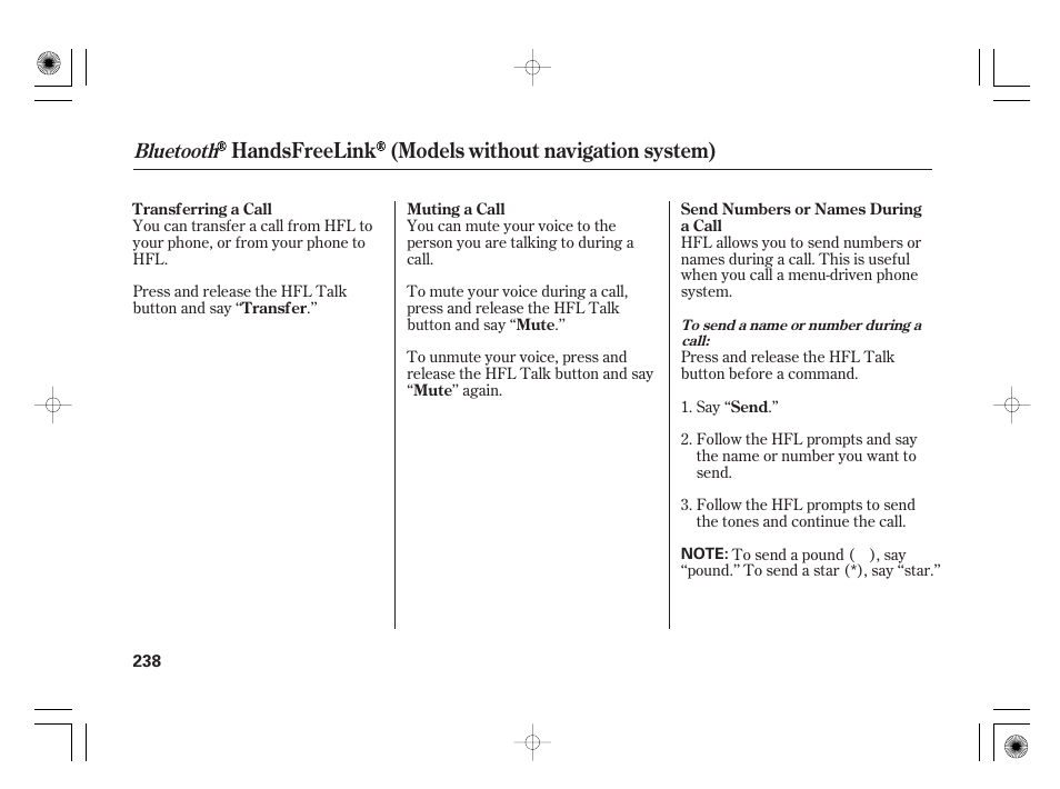 Handsfreelink (models without navigation system), Bluetooth | HONDA 2012 Insight - Owner's Manual User Manual | Page 244 / 418