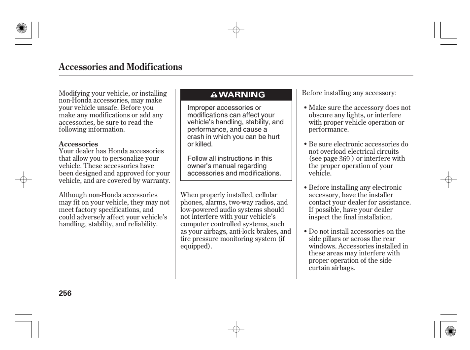 Accessories and modifications | HONDA 2012 Insight - Owner's Manual User Manual | Page 262 / 418