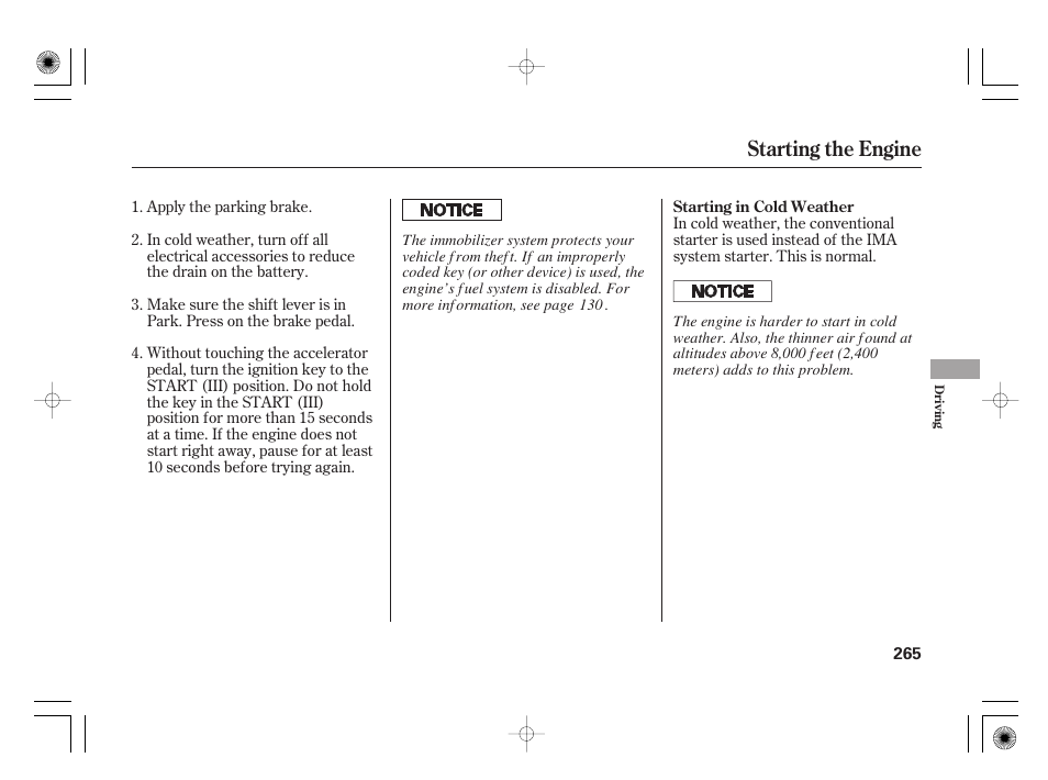 Starting the engine | HONDA 2012 Insight - Owner's Manual User Manual | Page 271 / 418