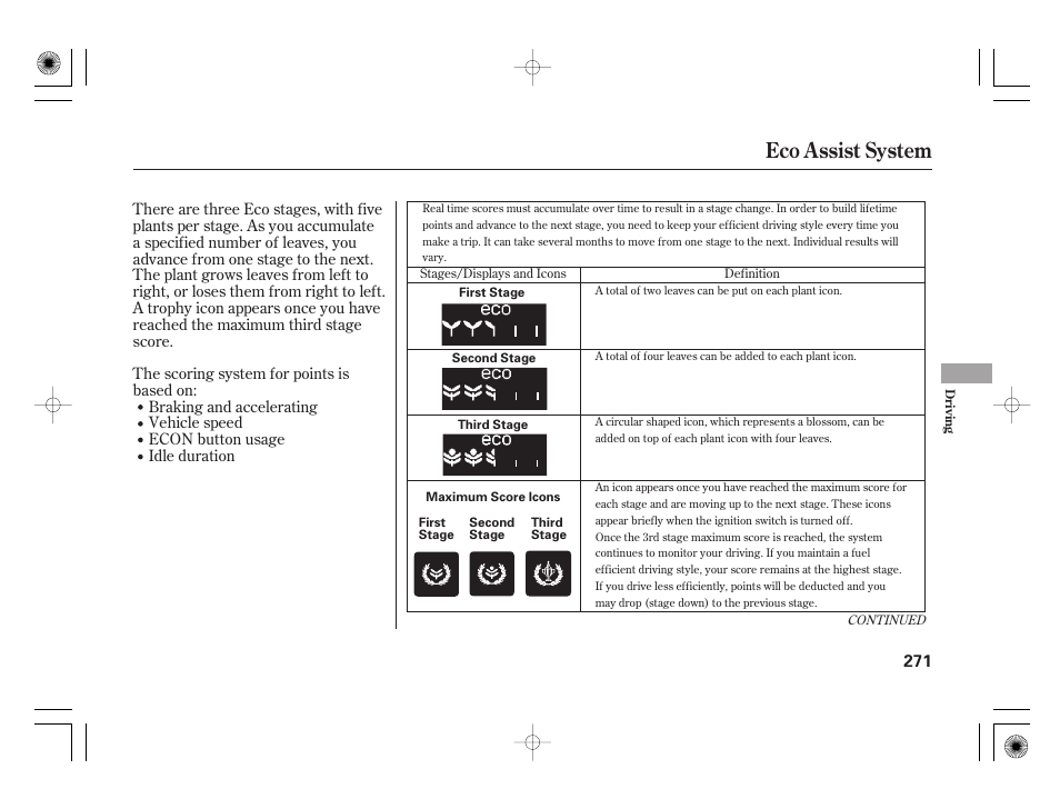 Eco assist system | HONDA 2012 Insight - Owner's Manual User Manual | Page 277 / 418