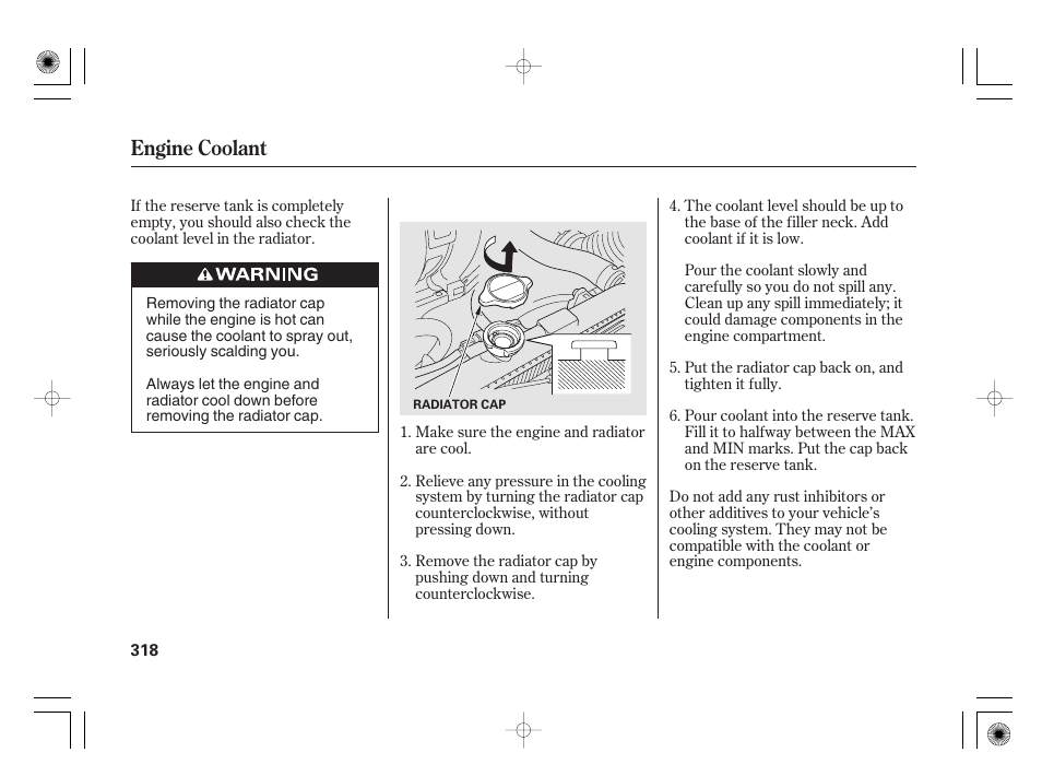 Engine coolant | HONDA 2012 Insight - Owner's Manual User Manual | Page 324 / 418