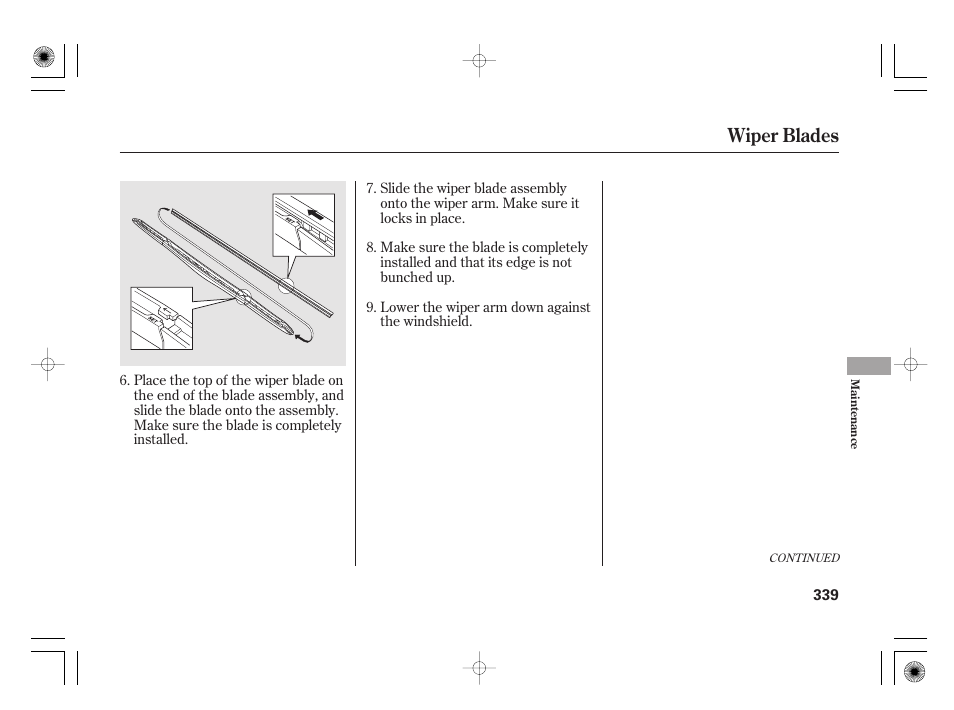 Wiper blades | HONDA 2012 Insight - Owner's Manual User Manual | Page 345 / 418