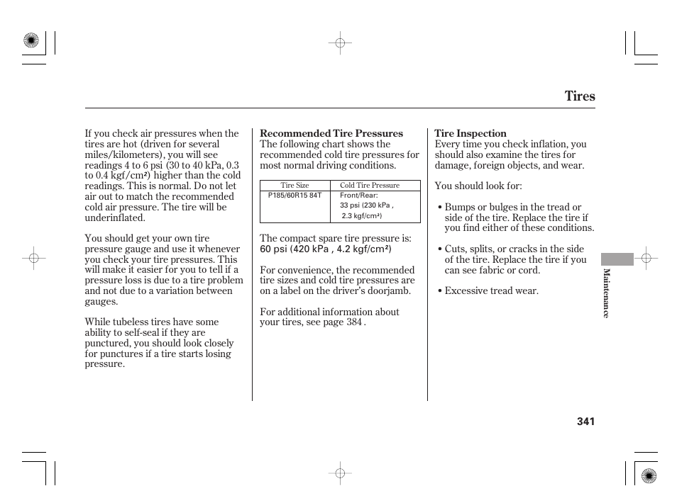 Tires | HONDA 2012 Insight - Owner's Manual User Manual | Page 347 / 418