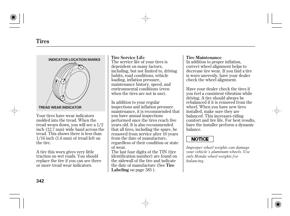 Tires | HONDA 2012 Insight - Owner's Manual User Manual | Page 348 / 418