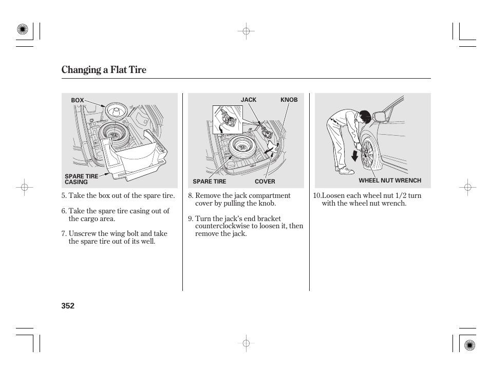 Changing a flat tire | HONDA 2012 Insight - Owner's Manual User Manual | Page 358 / 418