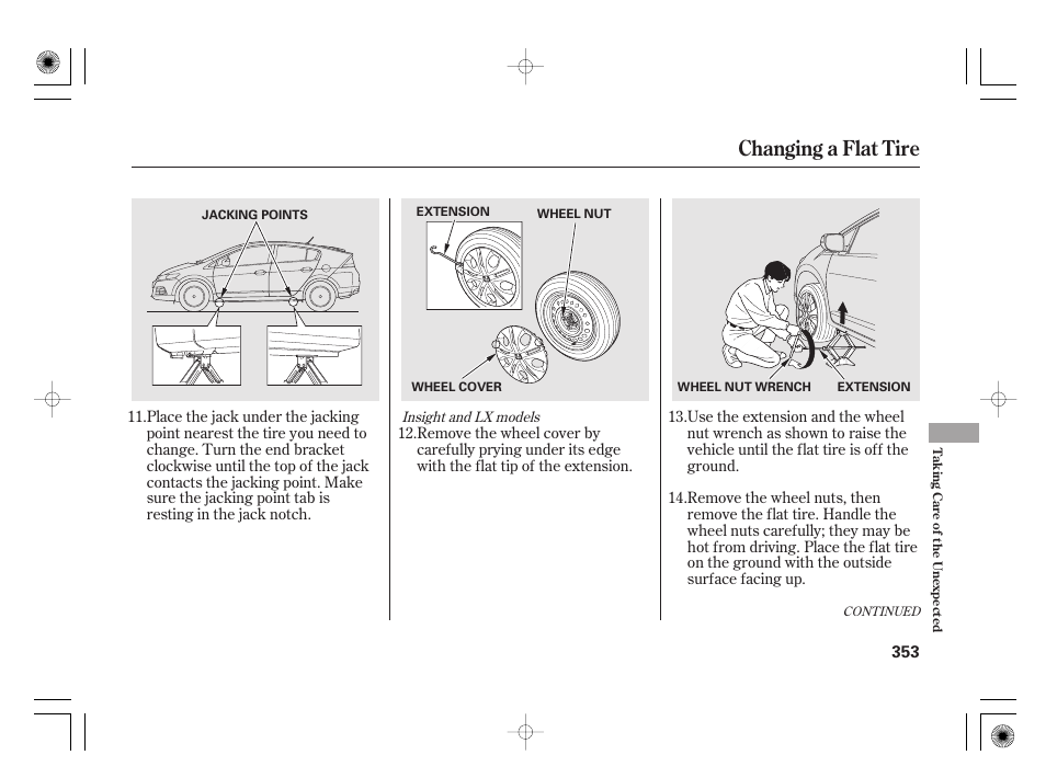Changing a flat tire | HONDA 2012 Insight - Owner's Manual User Manual | Page 359 / 418