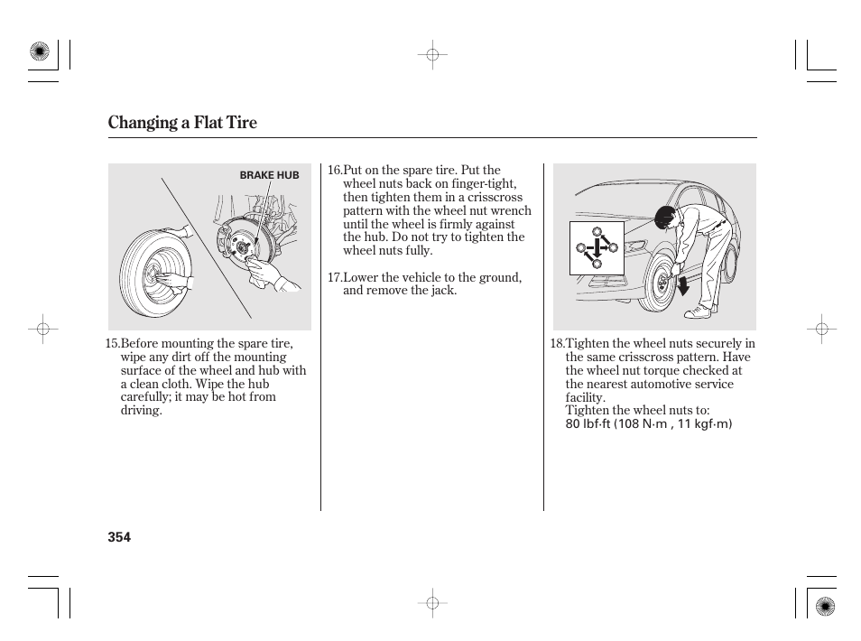 Changing a flat tire | HONDA 2012 Insight - Owner's Manual User Manual | Page 360 / 418