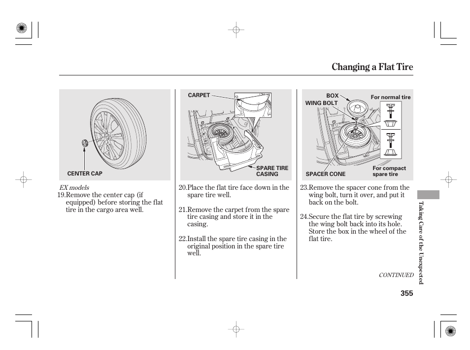 Changing a flat tire | HONDA 2012 Insight - Owner's Manual User Manual | Page 361 / 418