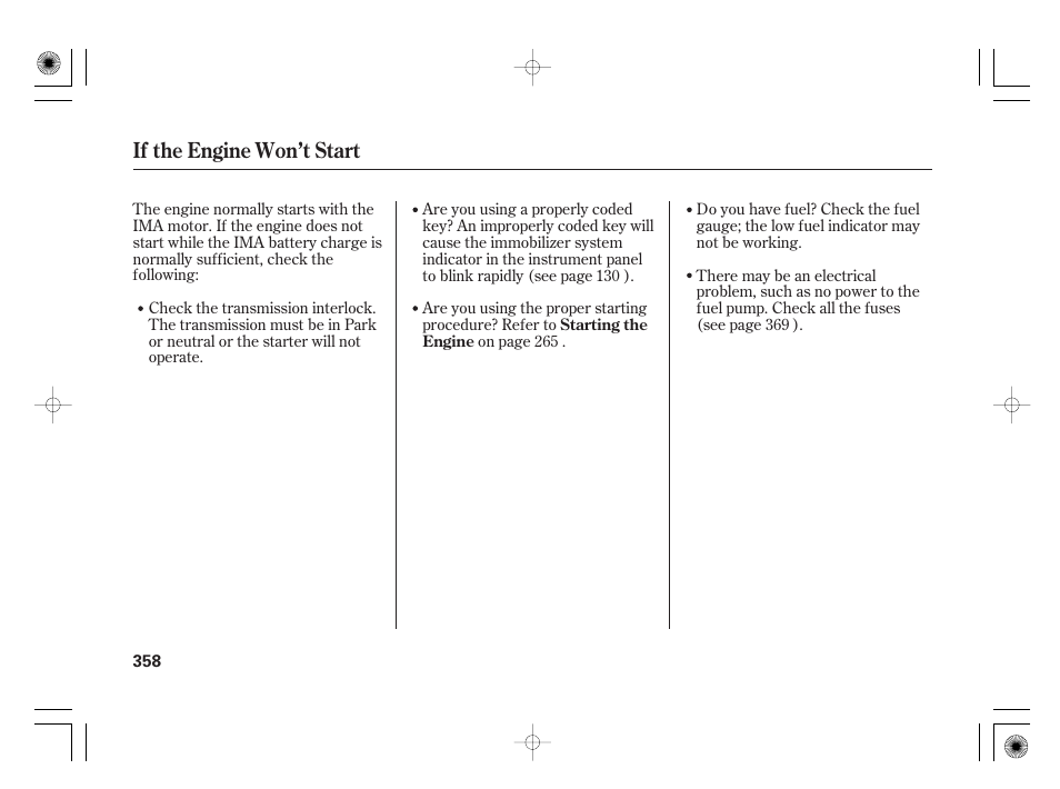 If the engine won’t start | HONDA 2012 Insight - Owner's Manual User Manual | Page 364 / 418