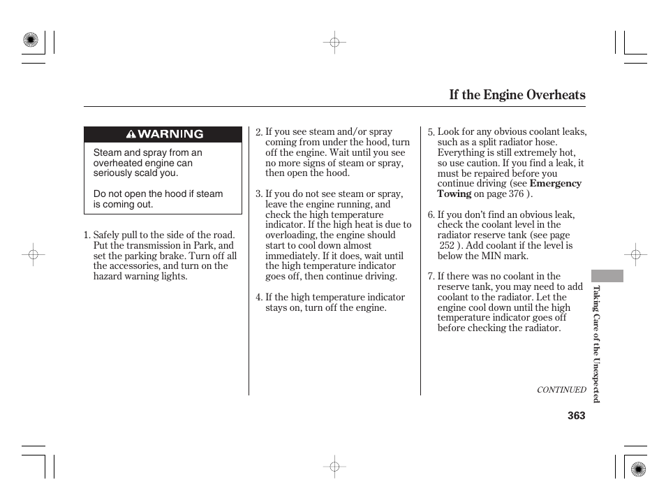 If the engine overheats | HONDA 2012 Insight - Owner's Manual User Manual | Page 369 / 418