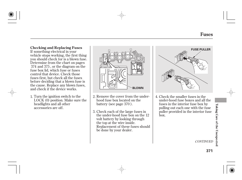 Fuses | HONDA 2012 Insight - Owner's Manual User Manual | Page 377 / 418