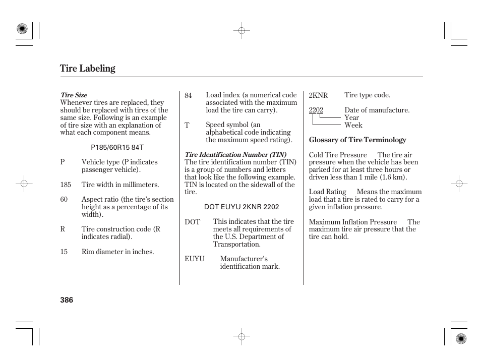 Tire labeling | HONDA 2012 Insight - Owner's Manual User Manual | Page 392 / 418