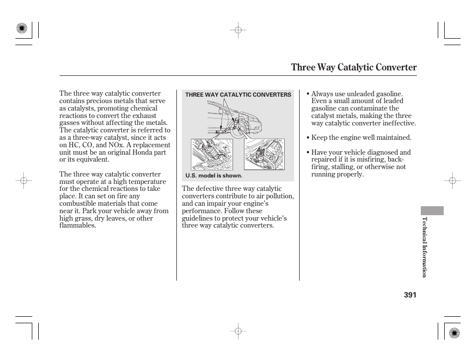 Three way catalytic converter | HONDA 2012 Insight - Owner's Manual User Manual | Page 397 / 418