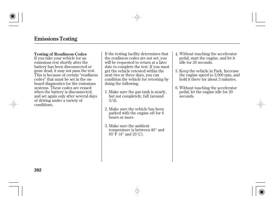 Emissions testing | HONDA 2012 Insight - Owner's Manual User Manual | Page 398 / 418