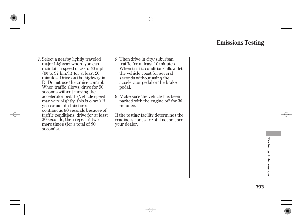Emissions testing | HONDA 2012 Insight - Owner's Manual User Manual | Page 399 / 418