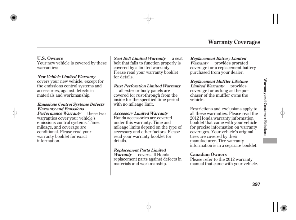Warranty coverages | HONDA 2012 Insight - Owner's Manual User Manual | Page 403 / 418