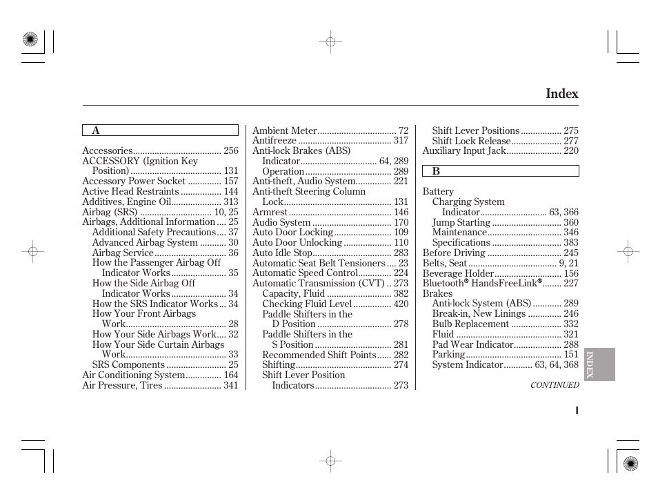Index | HONDA 2012 Insight - Owner's Manual User Manual | Page 407 / 418