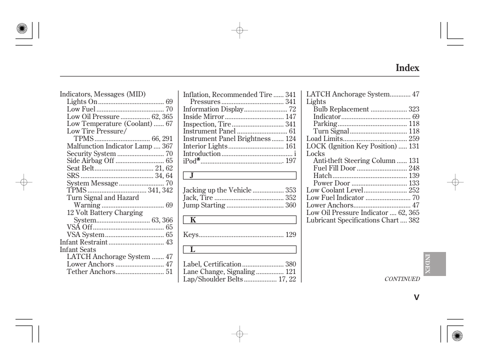 Index | HONDA 2012 Insight - Owner's Manual User Manual | Page 411 / 418
