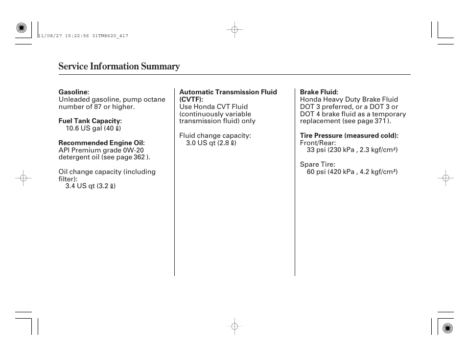 Service information summary | HONDA 2012 Insight - Owner's Manual User Manual | Page 418 / 418