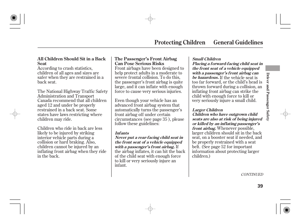 Protecting children general guidelines | HONDA 2012 Insight - Owner's Manual User Manual | Page 45 / 418