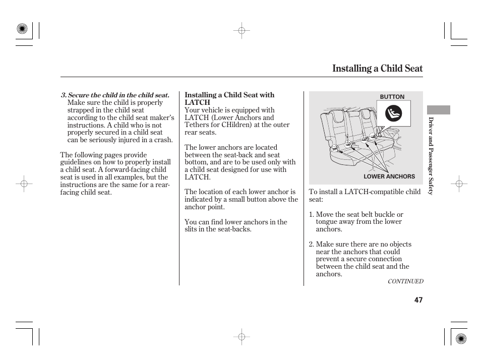 Installing a child seat | HONDA 2012 Insight - Owner's Manual User Manual | Page 53 / 418