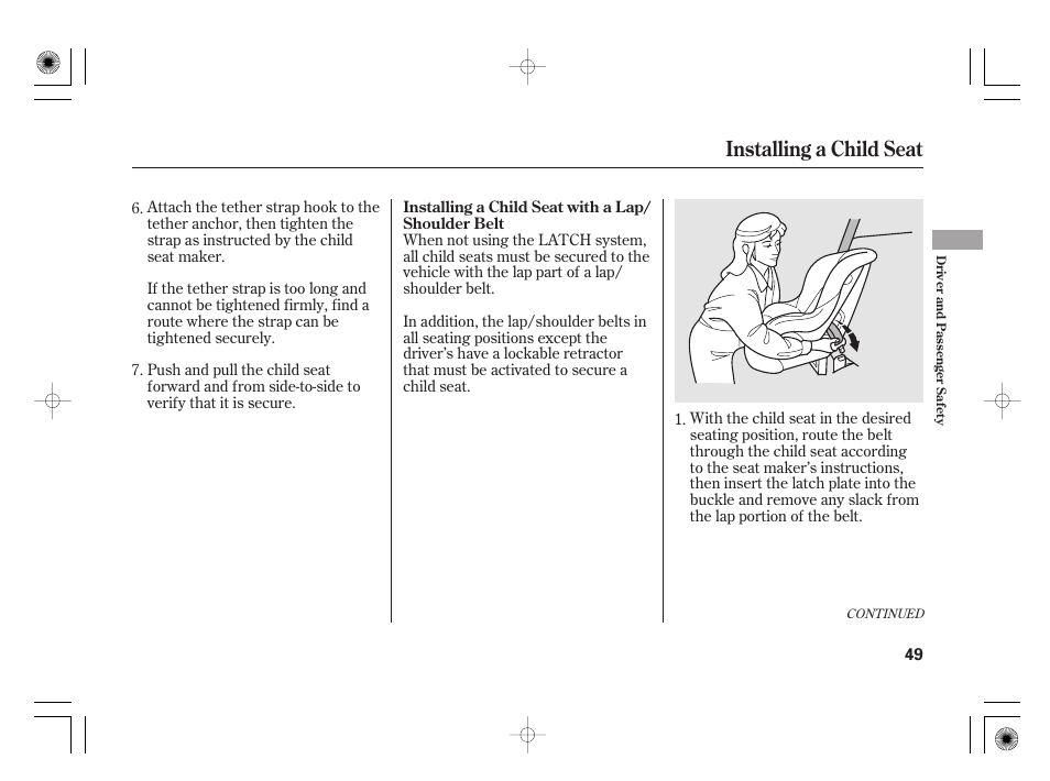 Installing a child seat | HONDA 2012 Insight - Owner's Manual User Manual | Page 55 / 418