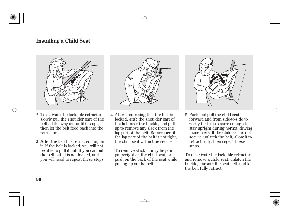 Installing a child seat | HONDA 2012 Insight - Owner's Manual User Manual | Page 56 / 418
