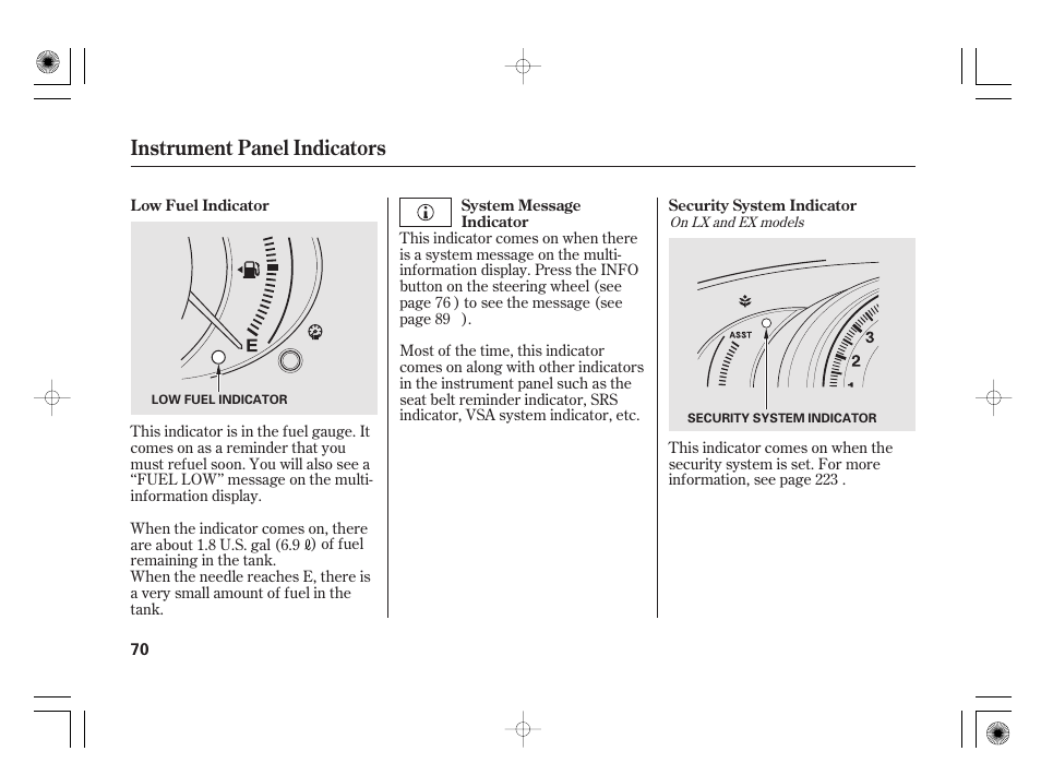 Instrument panel indicators | HONDA 2012 Insight - Owner's Manual User Manual | Page 76 / 418