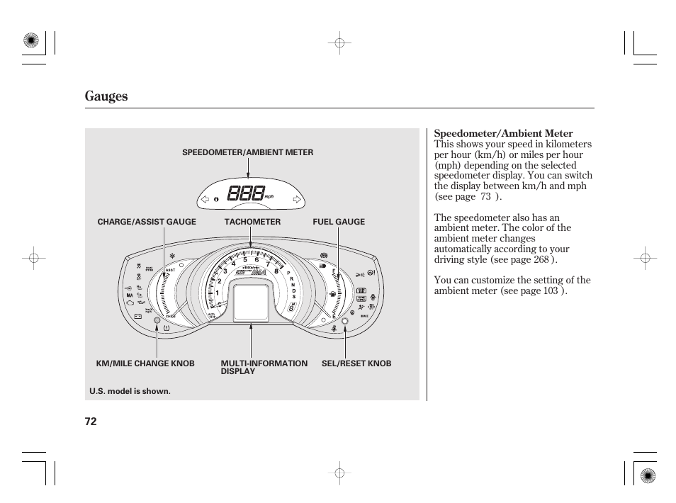 Gauges | HONDA 2012 Insight - Owner's Manual User Manual | Page 78 / 418