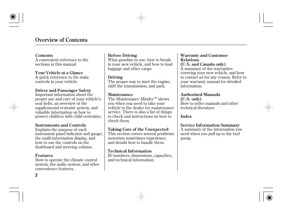 Overview of contents | HONDA 2012 Insight - Owner's Manual User Manual | Page 8 / 418