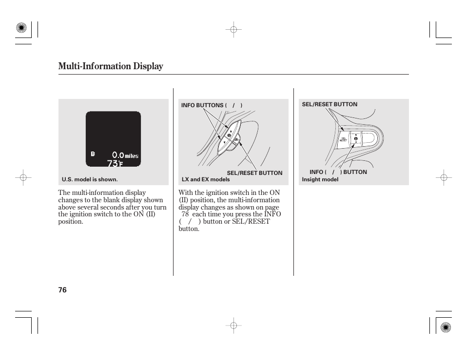 Multi-information display | HONDA 2012 Insight - Owner's Manual User Manual | Page 82 / 418
