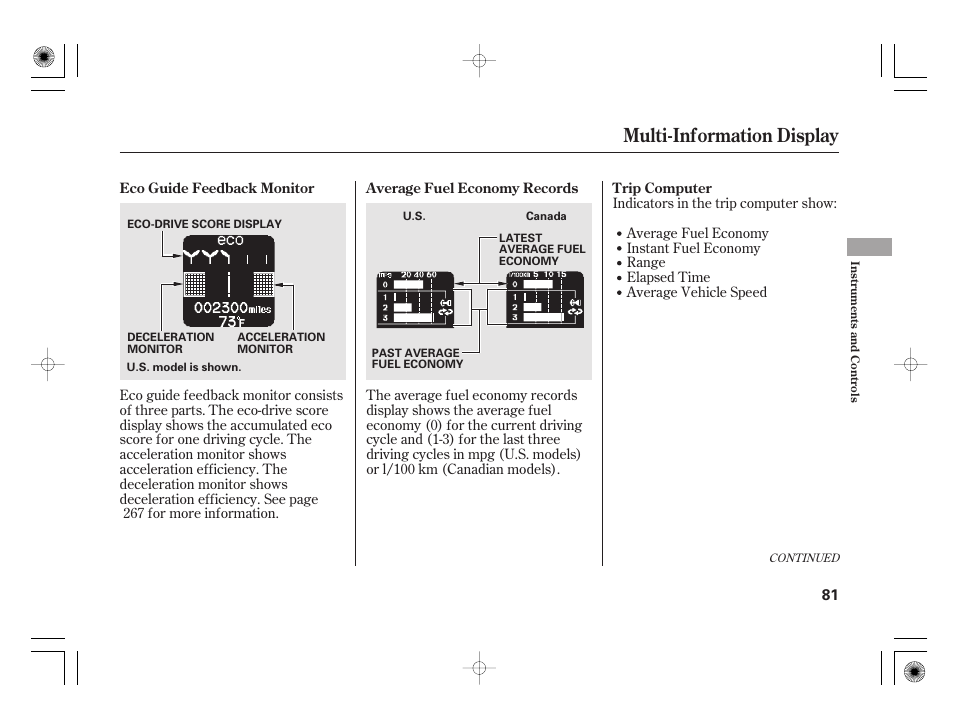 Multi-information display | HONDA 2012 Insight - Owner's Manual User Manual | Page 87 / 418