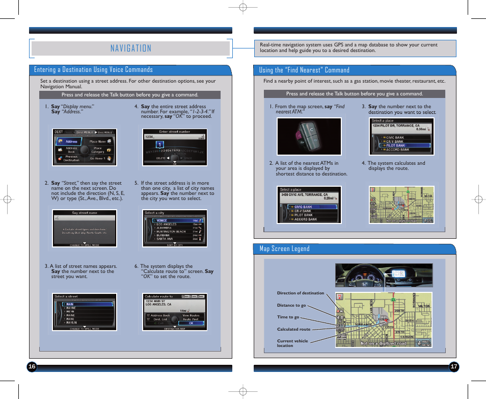 P. 16, Navigation, Entering a destination using voice commands | Using the “find nearest” command map screen legend | HONDA 2012 Odyssey (EX-L with Navigation (no RES) ) - Technology Reference Guide User Manual | Page 10 / 17