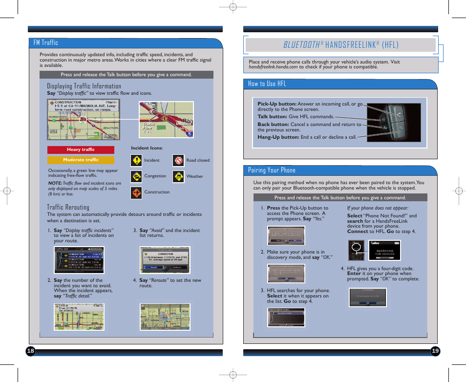 P. 19, Bluetooth, Handsfreelink | Hfl), How to use hfl pairing your phone fm traffic, Displaying traffic information, Traffic rerouting | HONDA 2012 Odyssey (EX-L with Navigation (no RES) ) - Technology Reference Guide User Manual | Page 11 / 17