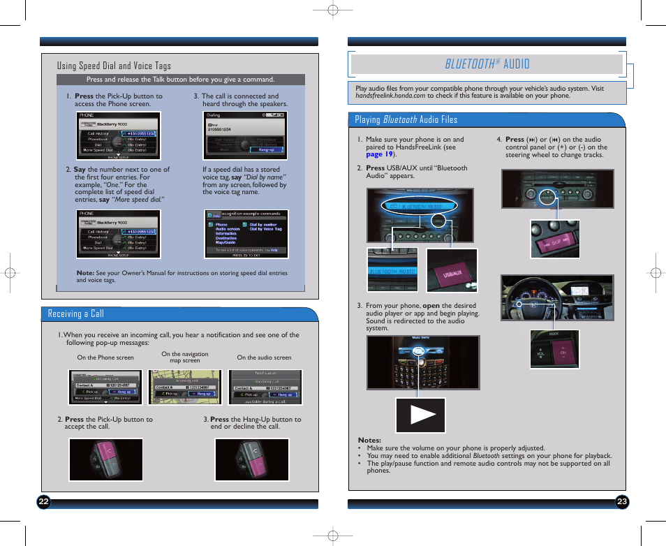 P. 23, Bluetooth, Audio | Using speed dial and voice tags, Receiving a call, Playing bluetooth audio files | HONDA 2012 Odyssey (EX-L with Navigation (no RES) ) - Technology Reference Guide User Manual | Page 13 / 17