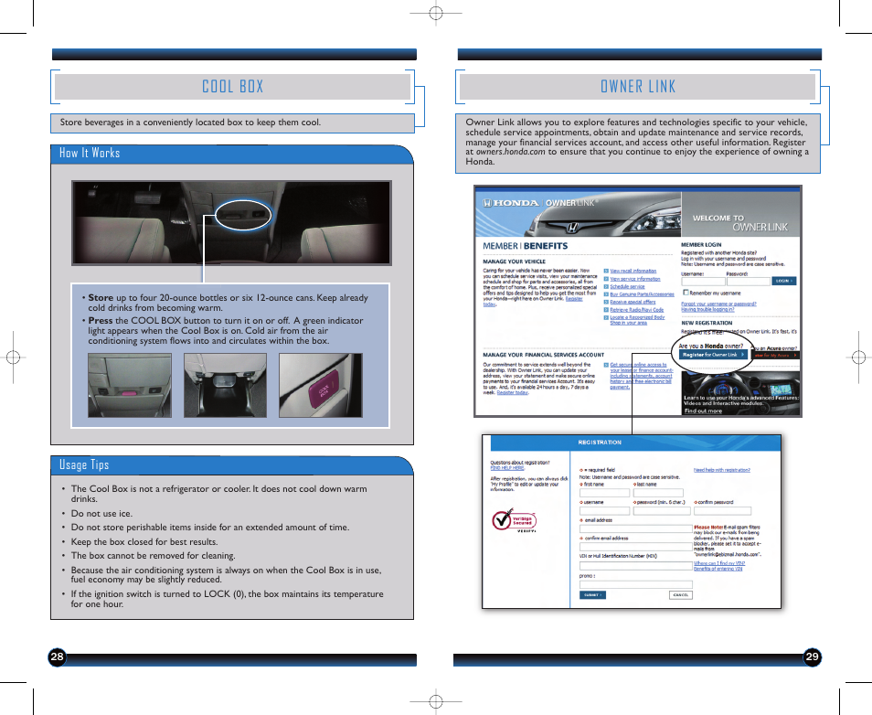 Cool box, Owner link | HONDA 2012 Odyssey (EX-L with Navigation (no RES) ) - Technology Reference Guide User Manual | Page 16 / 17