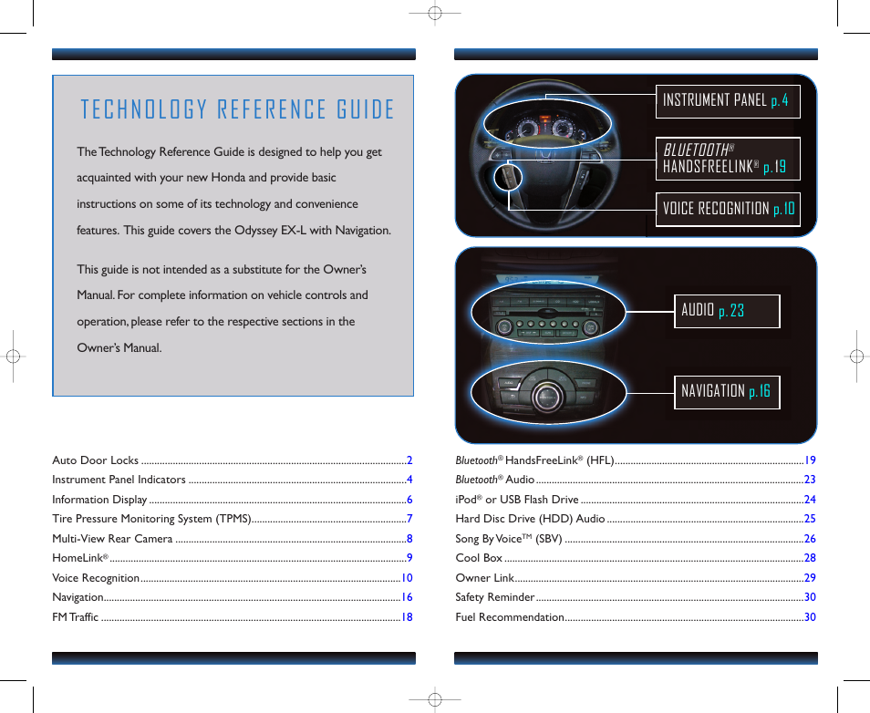 Technology reference guide, Bluetooth, Handsfreelink | HONDA 2012 Odyssey (EX-L with Navigation (no RES) ) - Technology Reference Guide User Manual | Page 2 / 17