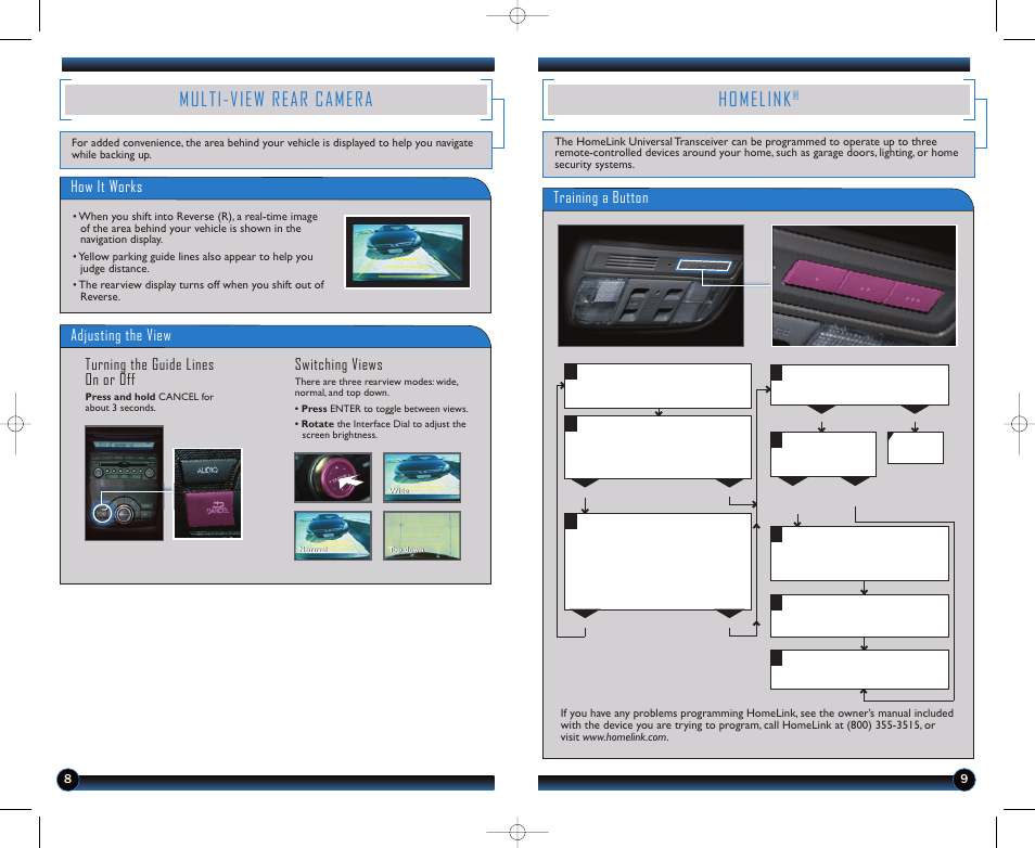 Multi-view rear camera, Homelink, Training a button | Adjusting the view, Turning the guide lines on or off switching views, How it works | HONDA 2012 Odyssey (EX-L with Navigation (no RES) ) - Technology Reference Guide User Manual | Page 6 / 17