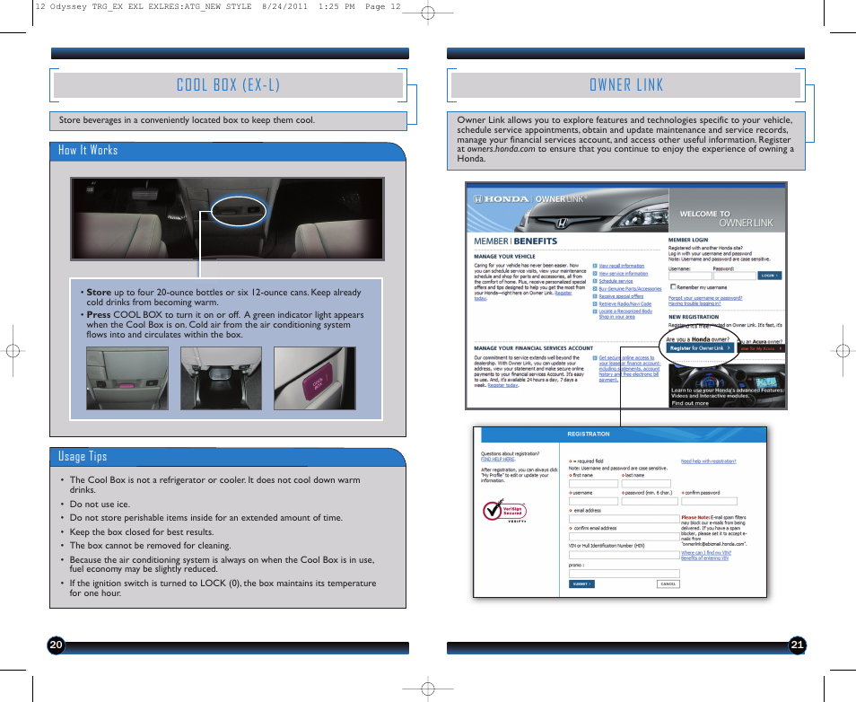Owner link, Cool box (ex-l) | HONDA 2012 Odyssey (EX, EX-L, EX-L with RES (no Navi) ) - Technology Reference Guide User Manual | Page 12 / 13