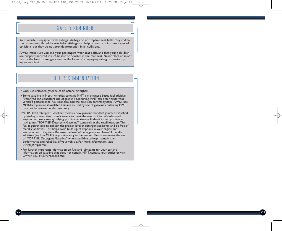 Safety reminder, Fuel recommendation | HONDA 2012 Odyssey (EX, EX-L, EX-L with RES (no Navi) ) - Technology Reference Guide User Manual | Page 13 / 13